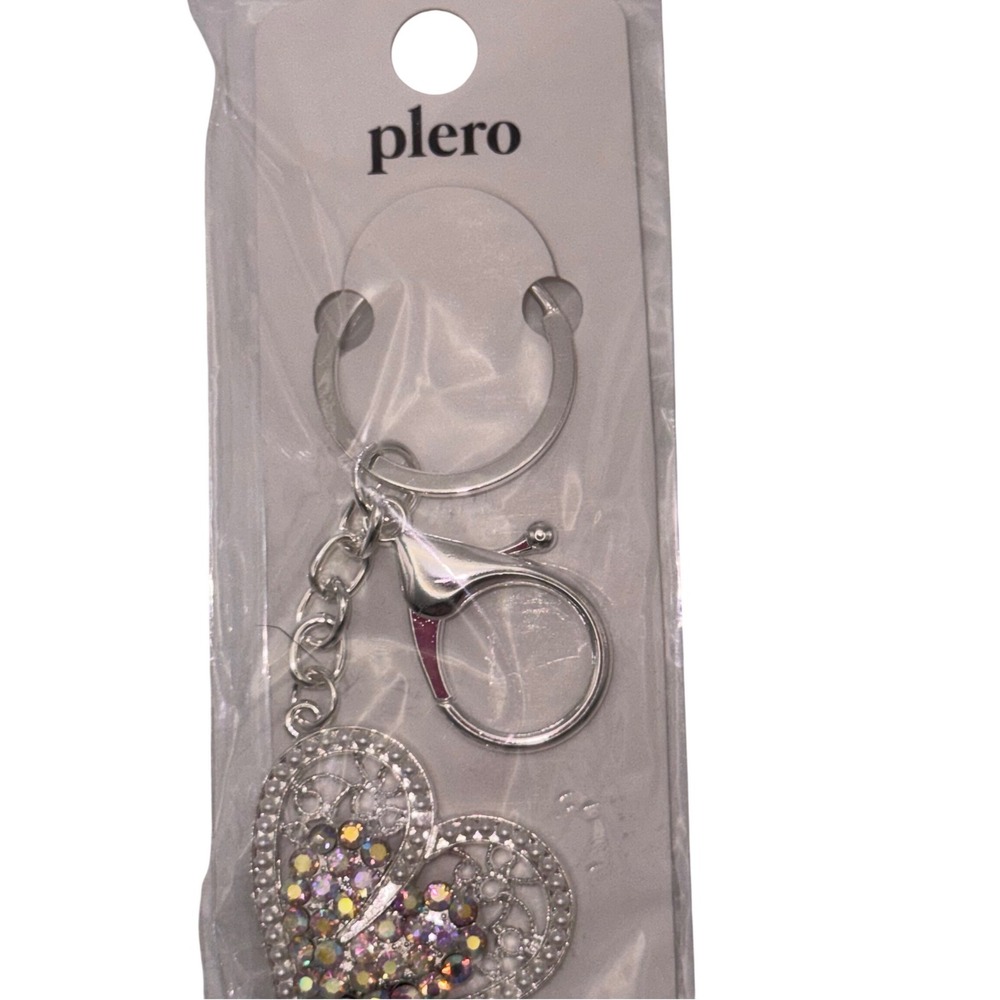 Plero Heart Rhinestone Keychain Bag Charm Silver‎ Tone